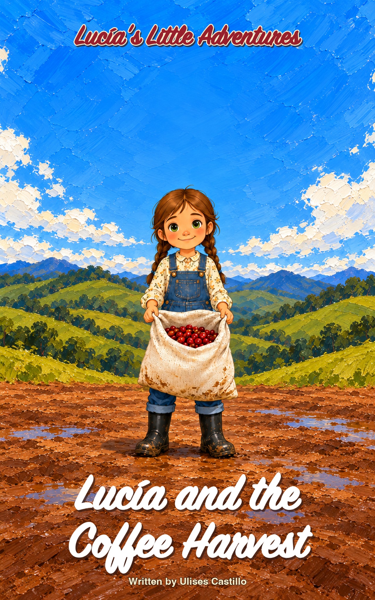 Lucia and the Coffee Harvest by Ulises Castillo: Lucia holds a sack of red coffee cherries against green hills and a blue sky.